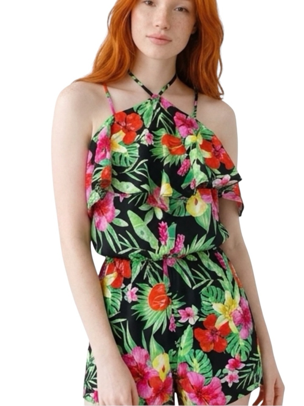 The Edit by Seventeen Tropical Floral Cold Shoulder Romper Juniors XS NWT